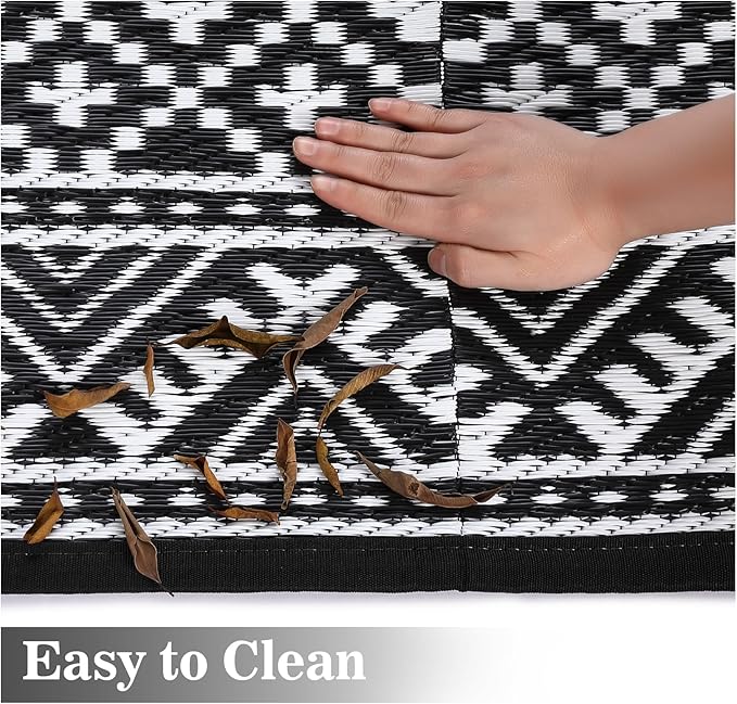 GAOMON Outdoor Rug Waterproof 8'x10', Reversible Outdoor Plastic Straw Rug, Boho Patio Rug, Indoor Outdoor Carpet, RV Mat Outside for Patio, Camp, Picnic, Balcony, Deck, Black/White(Bohemia)-Ruum Studio Home