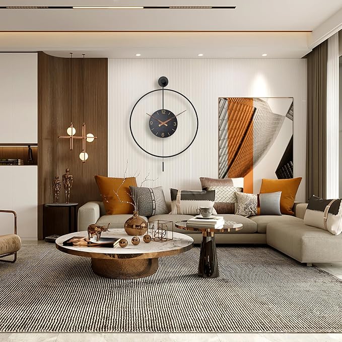 Large Modern Wall Clock,30.7× 20 Inch Big Metal Minimalist Arabic Numeral Dial,Decorative Farmhouse Pendulum Wall Clocks with Walnut Pointers forLiving Room Decor, Office,Dining Room