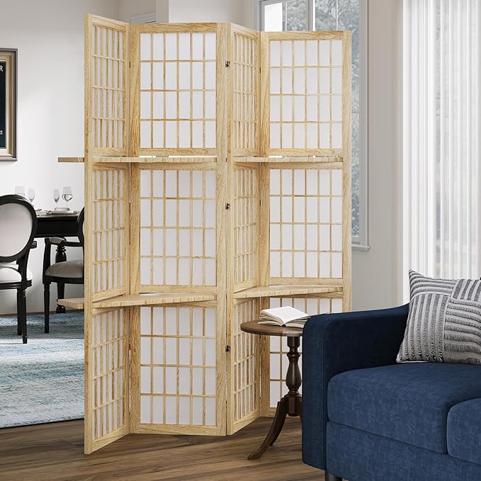5.6FT Room Divider and Folding Portable Partition Screen, Chinese Japanese Shoji Style with Three Display Shelves for Room Separation - 4 Panel (Natural)-Ruum Studio Home
