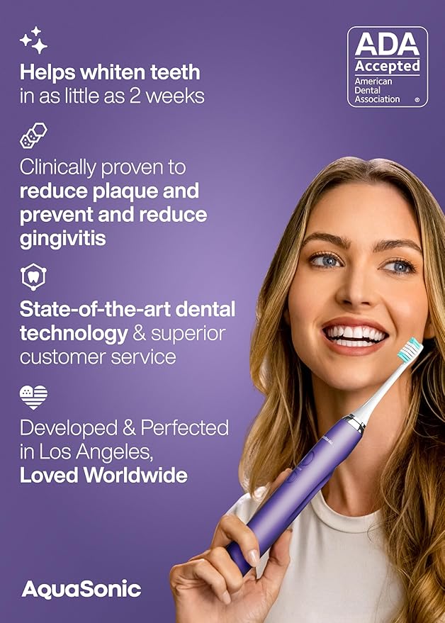 Aquasonic Vibe Series Ultra-Whitening Toothbrush – ADA Accepted Electric Toothbrush - 8 Brush Heads & Travel Case – 40,000 VPM Motor & Wireless Charging - 4 Modes w Smart Timer – Satin Violet-Ruum Studio Home