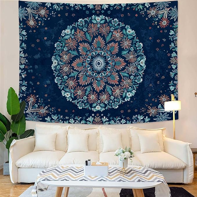 Fowocu Boho Floral Mandala Tapestry Wall Hanging Blue Bohemian Flower Medallion Tapestry Aesthetic Vintage Navy Hippie Indian Small Tapestries for Bedroom Living Room Dorm Decor 48 x 36 Inch-Ruum Studio Home