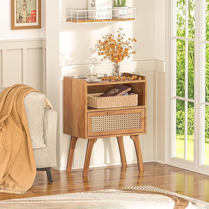 Lerliuo Rattan Nightstand, Side Table with Drawer Open Shelf, Cane Accent Bedside End Table with Solid Wood Legs, Mid Century Modern Night Stand for Bedroom, Dorm and Small Spaces (Tea Brown)-Ruum Studio Home