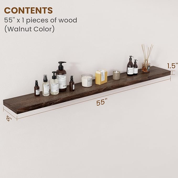 Floating Shelves for Wall Decor, 8 Inch Deep Rustic Solid Elm Wood Floating Shelves Wall Mounted, Wall Shelves with Invisible Bracket for Living Room Bathroom Bedroom Kitchen, 55 Inch Set of 1, Walnut-Ruum Studio Home