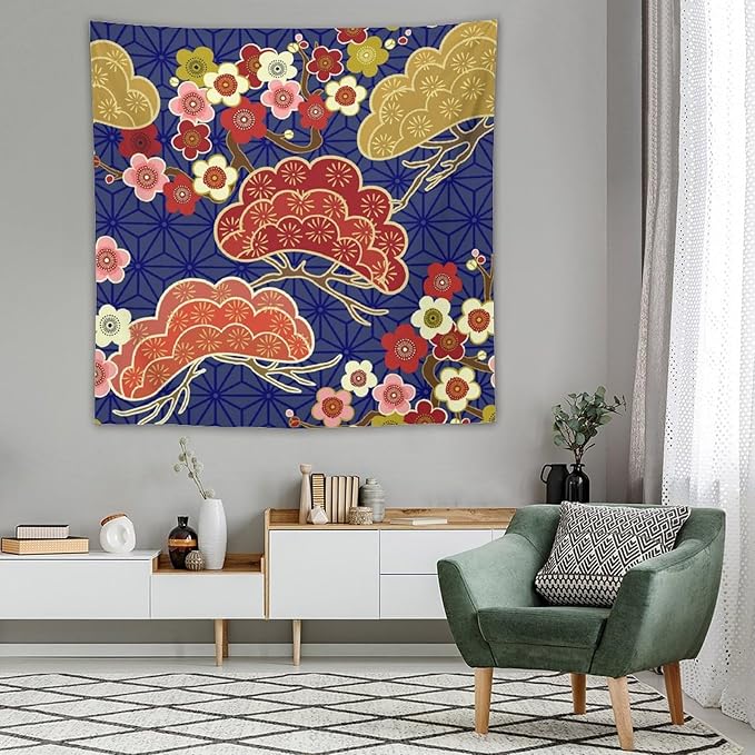 HZOHNAGO Japanese Tapestry Art Abstract Colorful Cherry Blossom Blue Background Pattern Printed Wall Tapestry Painting Wall Hanging for Bedroom Living Room Dorm 60" W x 60" H-Ruum Studio Home
