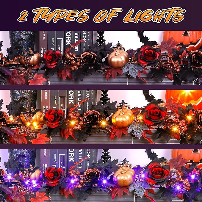 SHareconn 2 Pcs 9FT Halloween Garland with Purple Lights Battery Operated and Timer, Pre-Lit Black Red Maple Leaves Lighted Garland Decorations for Fireplace Mantle Centerpiece Indoor Outdoor Decor-Ruum Studio Home