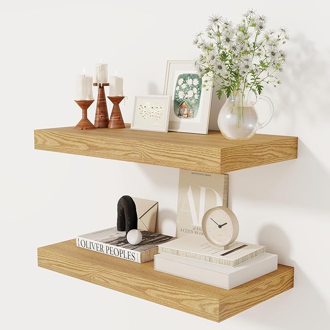 12 Inch Deep Floating Shelves, 24 x 12 Floating Shelf for Books, Rustic Wood Deep Wall Shelves for Home Storage & Display, 2" Thicked Shelves for Kitchen, Living Room, Bedroom, Oak Color, 2 Pack-Ruum Studio Home