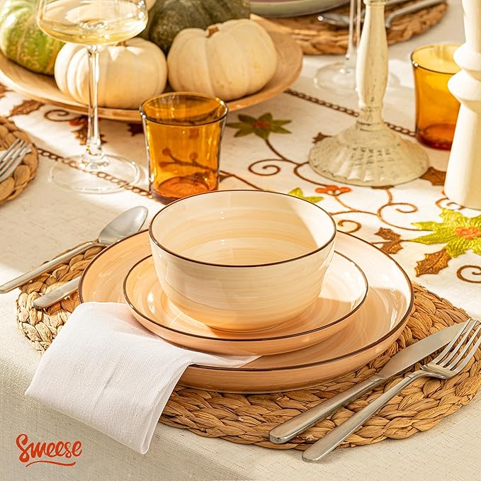 Sweese Plates and Bowls Sets, 18 Piece Dinnerware Set Porcelain Round Dinner Set for 6, Scratch Resistant Dishes Set, Dishwasher and Oven Microwave Safe Handpainted Swirl Dishware Sets, Assorted Green-Ruum Studio Home