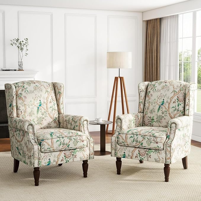 UIXE High Back Accent Chairs Set of 2, Fabric Upholstered Armchair for Living Room, Retro Printed Wingback Arm Chair Rivet Trimed Single Sofa Bedroom Reading Seat - Bird Floral-Ruum Studio Home