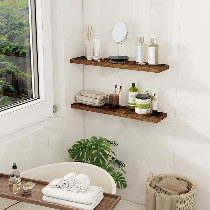 Fun Memories Floating Shelves for Wall, 27.5" Rustic Wood Deep Wall Mounted Shelves with Invisible Brackets for Decor & Storage, Floating Shelf for Living Room, Bathroom (Rustic Brown, Set of 2)-Ruum Studio Home
