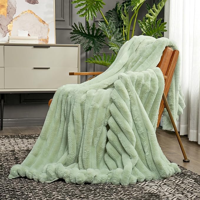Cozy Bliss Faux Fur Throw Blanket for Couch, Cozy Warm Plush Striped Blanket for Sofa Bedroom Living Room, 50 * 60 Inches Sage Green-Ruum Studio Home