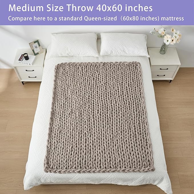 Bigacogo Chunky Knit Throw Blanket for Couch, 40x60 inches, 100% Hand Knitted with Thick Jumbo Chenille Yarn, Cozy Soft Large Rope Knot Cable Crochet Blankets for Sofa Bed Living Room, Taupe-Ruum Studio Home