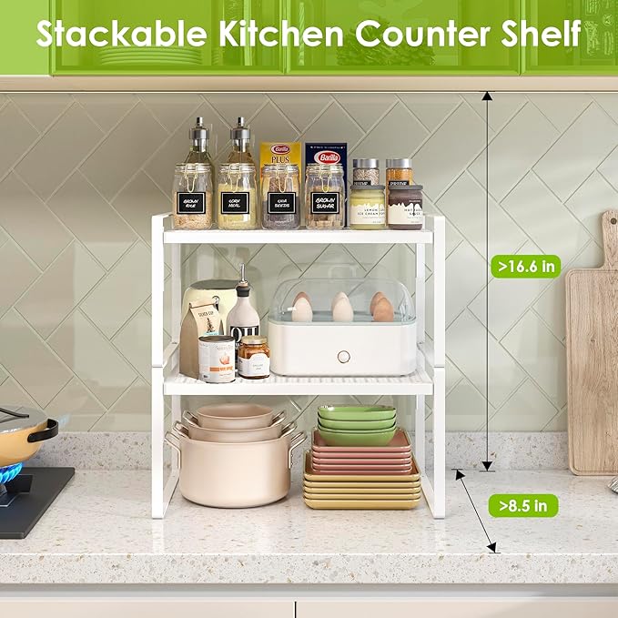 2 Pack Kitchen Countertop Organizer, Stackable Cabinet Shelf Organizer, 2 Tier Adjustable Kitchen Counter Shelves Riser For Pantry Cupboard Bathroom Organization And Storage, Desk Shelf,Spice Rack-Ruum Studio Home