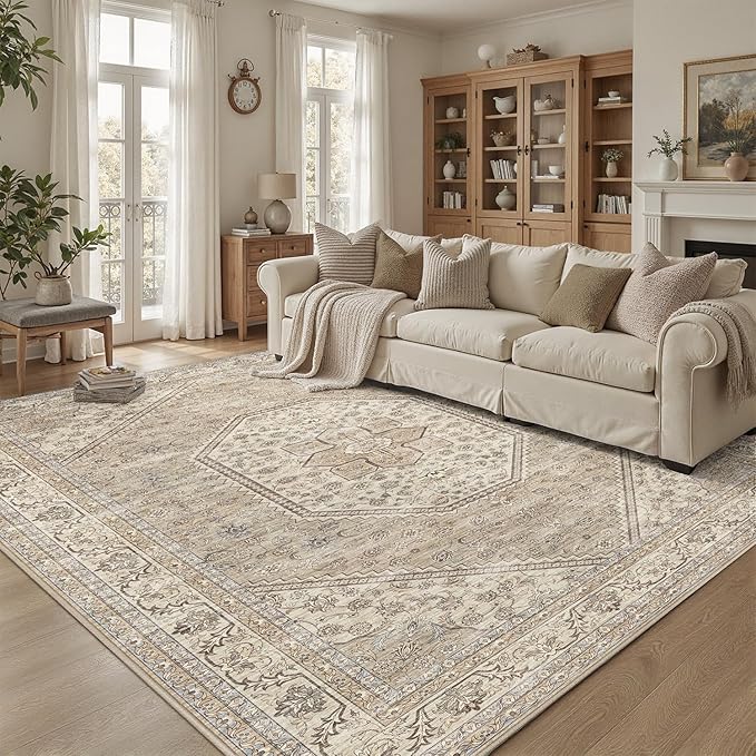 DCX Machine Washable Brown and Beige Area Rug 5x7, Non Slip Stain Resistant Vintage Floral Rug for Living Room Bedroom Nursery, Soft Low Pile Large Carpet-Ruum Studio Home