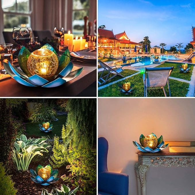 Solar Light Outdoor(2Pack), Art Crackle Globe Glass Lotus Decoration, Solar LED Waterproof Blue Metal Flower Lights for Patio,Lawn,Walkway,Tabletop-Ruum Studio Home