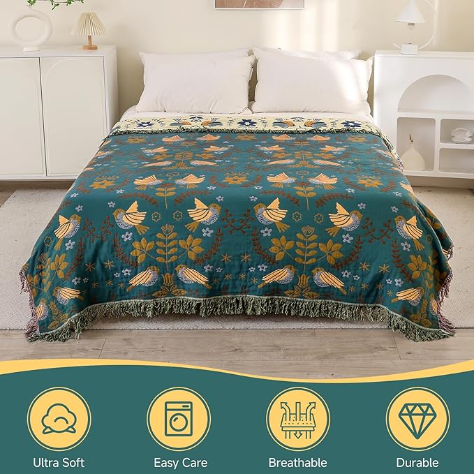 Boho Throw Blanket for Bed Couch 100% Cotton Woven Bed Throws for All Season Lightweight and Soft Cozy Farmhouse Reversible Muslin Decorative Blanket for Travel Picnic, Teal/Cream, 60''x80''-Ruum Studio Home