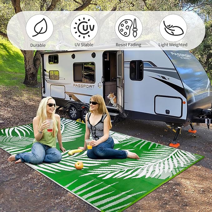 Waterproof Outdoor Rug 8x10ft, Green Leaf Reversible Plastic Straw Mat for Patio RV Deck Porch Backyard Balcony Camping Picnic Beach Indoor Outdoor Carpet, Green&White-Ruum Studio Home
