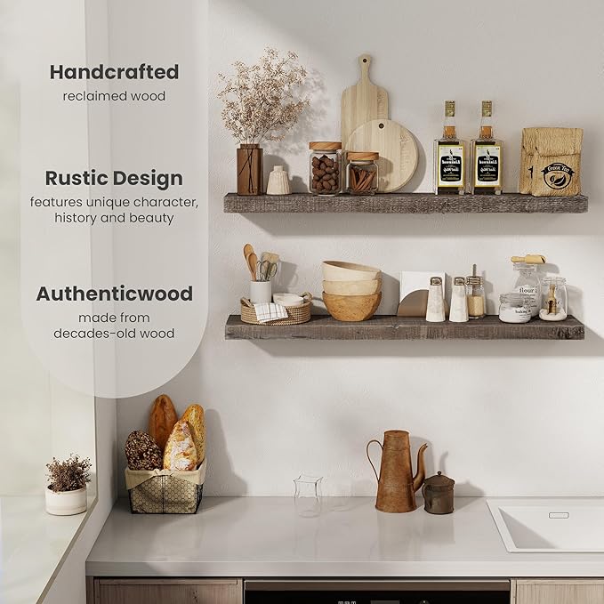 Floating Shelves Reclaimed Barnwood, 8" Deep Solid Wood Floating Shelf Wall Hanging Shelves with Invisible Heavy-Duty Metal Bracket | Wall Mounted | Farmhouse Style | 40 inches,2PCS,Grey-Ruum Studio Home
