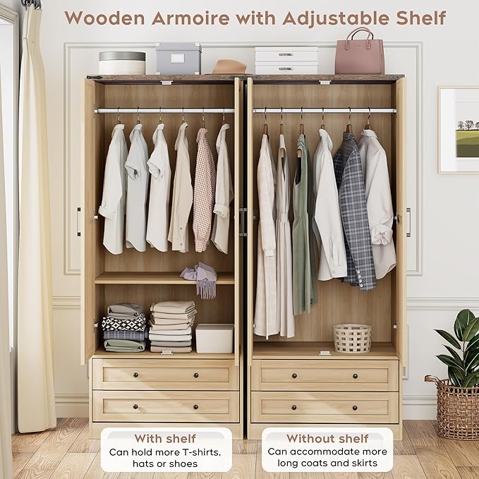 Brafab Wooden Armoire Wardrobe Closet with 2 Modern Doors, 71" Tall Freestanding Closet Wardrobe Cabinet with Drawers and Hanging Rail, Storage Cabinet with Shelve for Bedroom (Natural, 2 Doors)-Ruum Studio Home