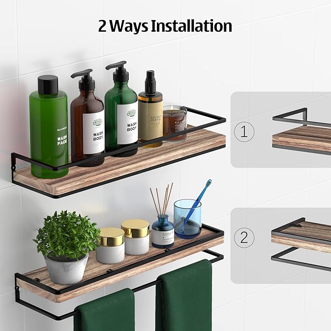 Meangood Floating Shelves Wall Mounted Set of 2, Rustic Wood Wall Storage Shelves for Bedroom,Living Room,Bathroom, Kitchen Torched Wood-Ruum Studio Home