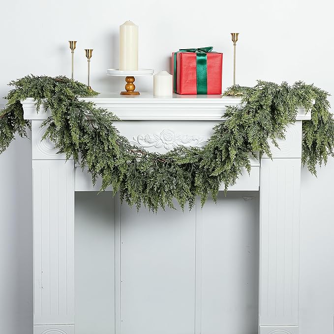 2 Pcs Christmas Norfolk Pine Garlands, 6 Ft Double Color Real Touch Artificial Cedar Garland, Faux Pine Cypress Greenery Garland Ornaments for Mantle Fireplace Table Indoor Outdoor Xmas Decoration-Ruum Studio Home