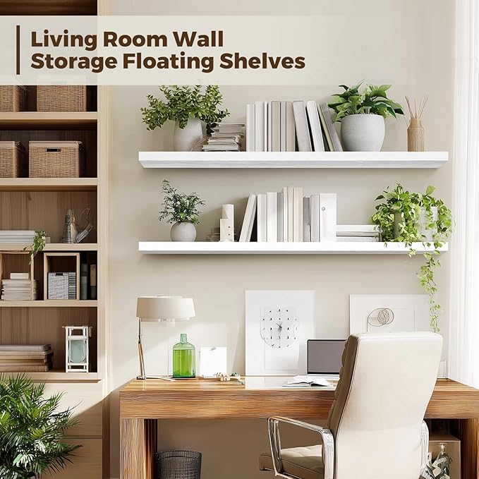 Floating Wall Shelves 2-Pack - 36-Inch Rustic White Wooden Shelves for Storage and Décor, Easy Installation for Living Room, Bedroom, and Kitchen-Ruum Studio Home
