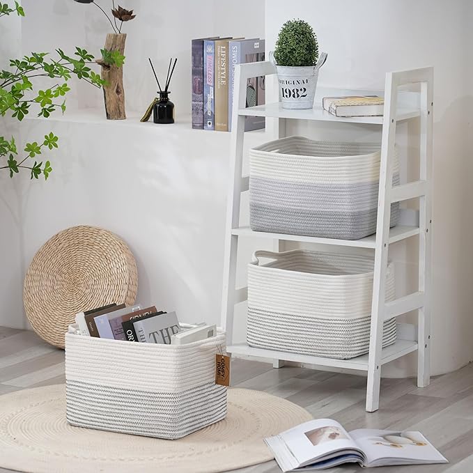 COMFY-HOMI Cotton Rope Woven Basket with Handles for Shelves,Toys,Book, Cloth Storage Baskets Bin for Organizing-13.5"x11"x9.5" Toy Decorative Organizer for Living Room, Bathroom-White/Black Line-Ruum Studio Home