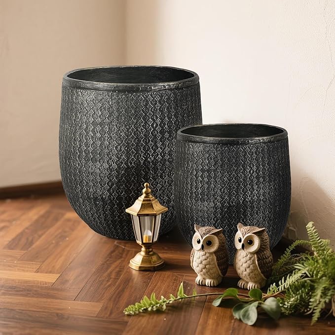 Worth Garden Large Round Planters Set of 2 (14.5"x17.5" & 12" x15“) - Lightweight Magnesium Oxide Cement Plant Pot with Texture - Concrete Look with Drainage Hole – Indoor & Outdoor Use - Black Gold-Ruum Studio Home