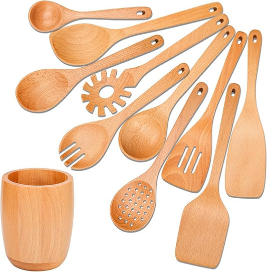 11 PCS WOSPONFAN Kitchen Utensils Set - Wooden Spoons for Cooking, Natural Beech Wood Wooden Utensils - Includes Wooden Spoons, Spatula Set, Slotted Spoon - Handmade Wooden Spoon Set-Ruum Studio Home