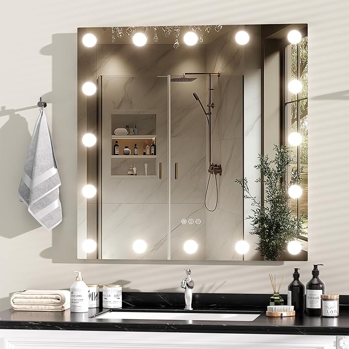 Hasipu LED Bathroom Mirror with Lights, 32" x 32" Hollywood Wall-Mounted Bathroom Mirror with 16 Dimmable Bulbs, 3 Colors Modes, Touch Control, Anti-Fog, Memory Function, Shatter-Proof, ETL Listed-Ruum Studio Home