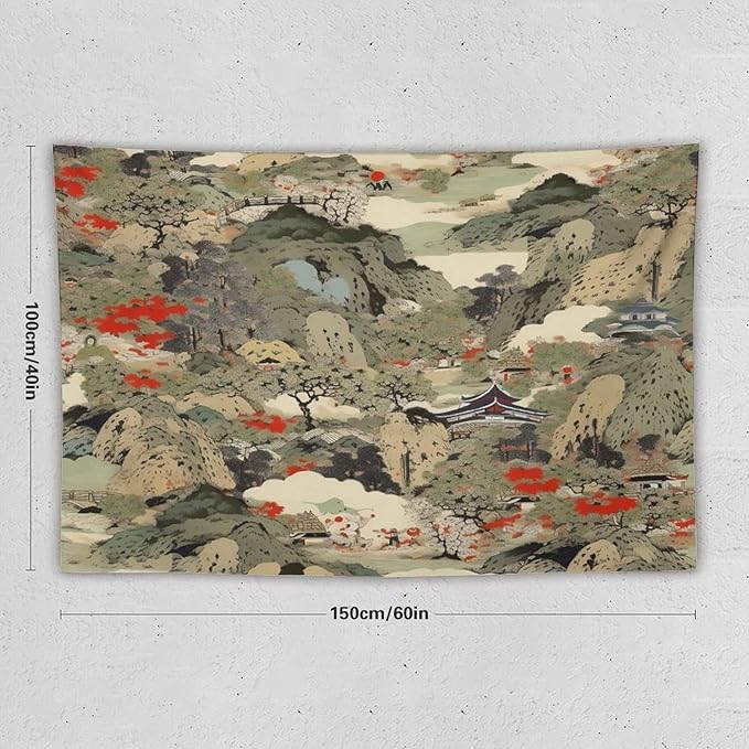 Asian Tapestry,Japanese Red Landscape Asian Watercolor Abstract Art Tapestry, Asian Japanese Wall Tapestry, Nature Landscape Tapestries for Bedroom Living Room Decor 60"x40"-Ruum Studio Home