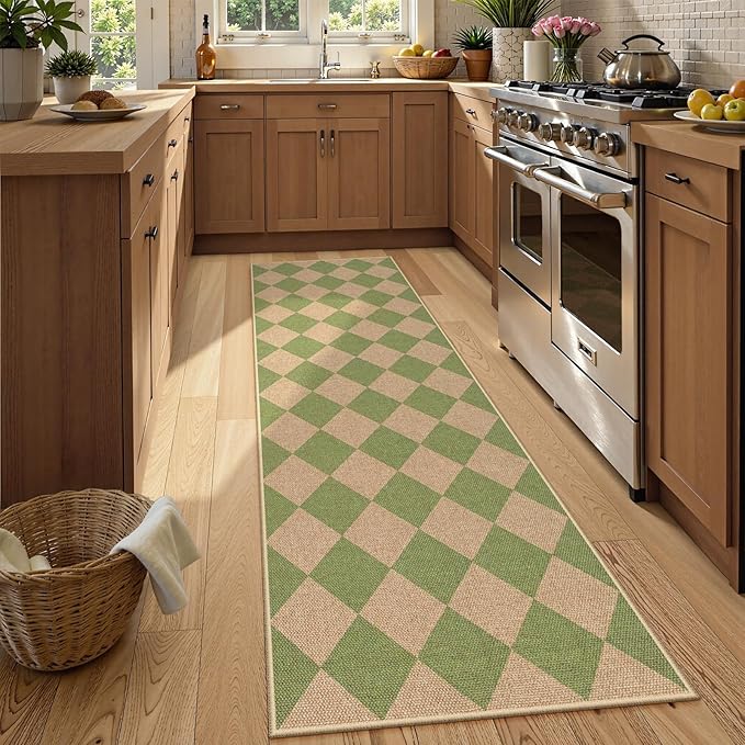 Lahome Checkered Green Runner Rug, 2x8 Carpet Runners for Hallway 8ft Non Slip Entryway Rug, Farmhouse Checkerboard Non Shedding Kitchen Mats for Floor Laundry Corridor-Ruum Studio Home