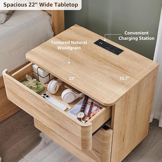 JXQTLINGMU 22" Modern Nightstand Set of 2 with Charging Station, Large Push-to-Open End Table, Wood Bedside Table, Curved Profile, Handleless 3 Drawer Night Stand for Bedroom, Living Room, Natural Oak-Ruum Studio Home