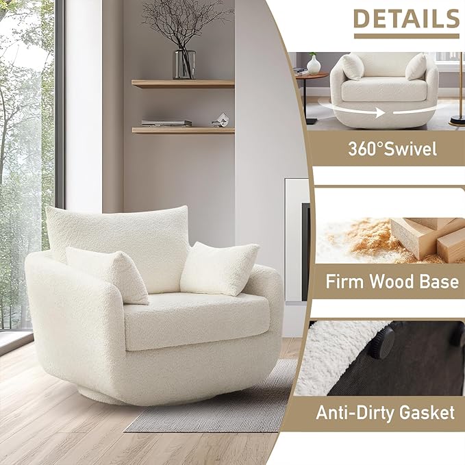 360° Swivel Accent Armchair, 39.3" Oversized, Sherpa Boucle Fabric Sofa Chair with Removable Back & Arm Pillows, Swivel Chair with Cozy Soft Padded, No Assembly Required (1, Cream White)-Ruum Studio Home