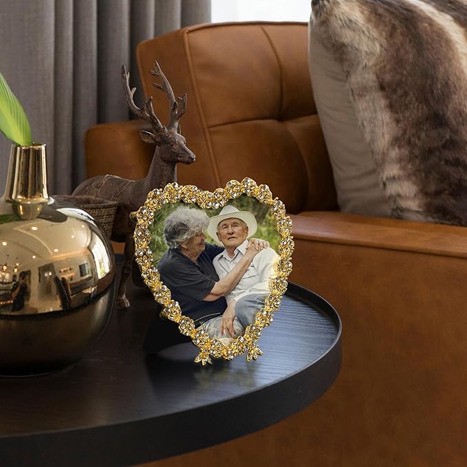 Heart Shaped Wedding Picture Frames for Couple - Beaded Crystal 4x4 Picture Frame – Engagement Gift, Wedding Gift for newlyweds - Fits 3.5x3.5 photo - Valentine Picture Frame (Golden)-Ruum Studio Home