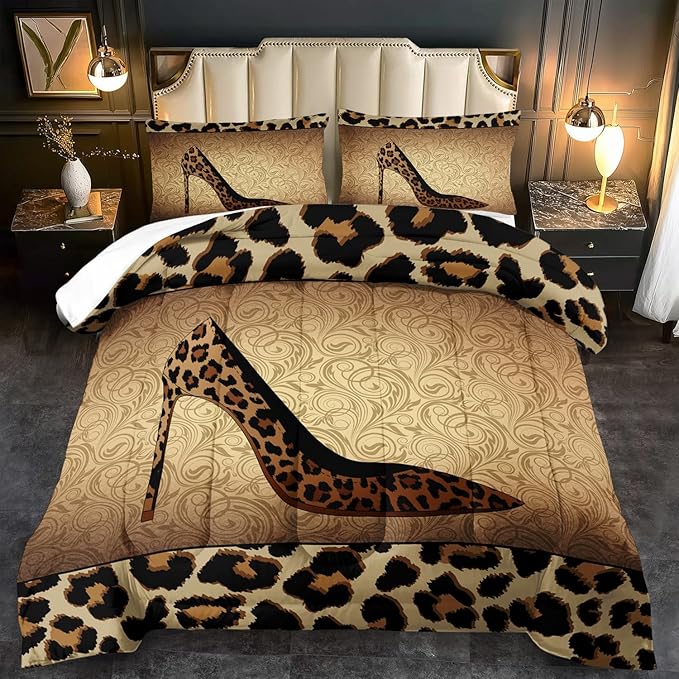 Leopard Comforter Set Full Girls,Sexy High Heel Comforter for Women,Leopard Print Bedding Set Full Adult,High Heel Quilt Bedroom Decor,African Animal Print Bedding Quilt-Ruum Studio Home