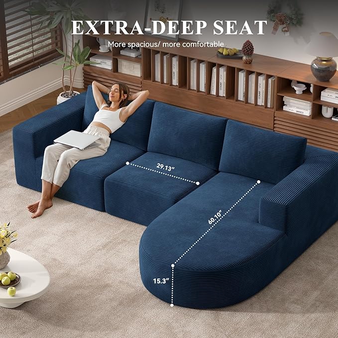 Modular Sectional Sofa with L-Shape Chaise,Cloud Sectional Modern Sleeper Couch with Deep Seat,Sponge Compression Sofas No Assembly Required(Blue-Corduroy Fabric) 1PCS-Ruum Studio Home
