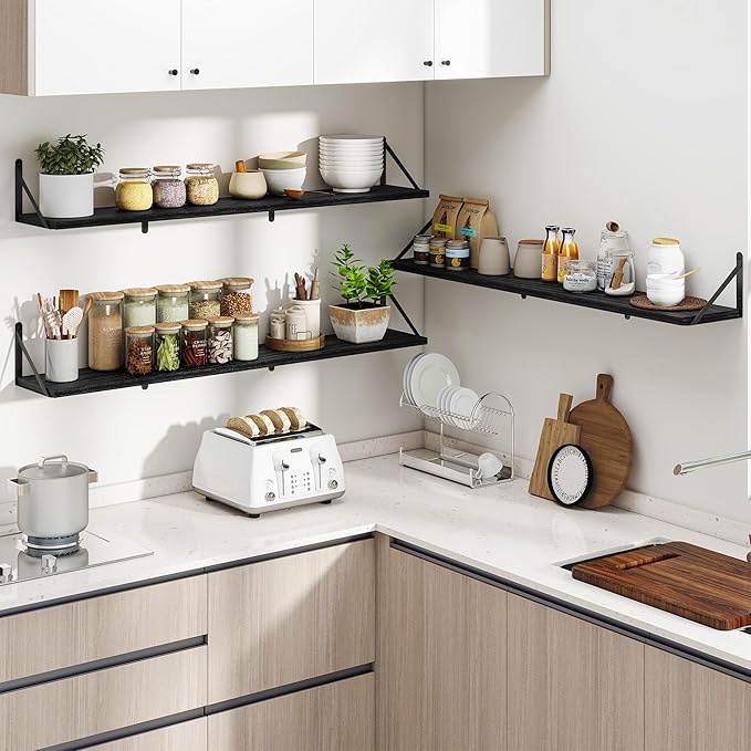 Heimlove 48 Inch Large Floating Bookshelves Set of 3,Black Wall Mounted Bookshelves,Heavy Duty Wooden Shelves for Living Room,Bedroom,Kitchen,Laundry Room Storage & Decor-Ruum Studio Home