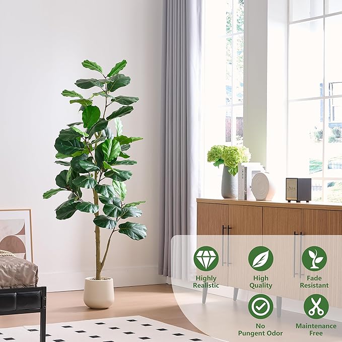 Artificial Fiddle Leaf Fig Tree, 6FT Tall Faux Ficus Lyrata Fake Tree in White Pot, Artificial Tree Indoor Decor, Fiddle Leaf Fig Tree Fake Plant for Home Office Living Room Decoration Modern-Ruum Studio Home