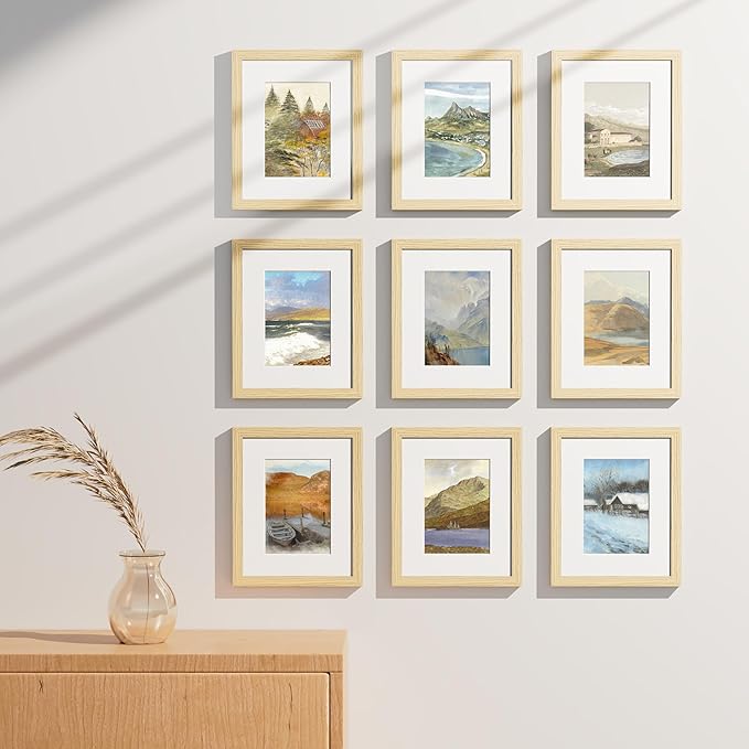 Vittanly 8x10 Picture Frames Set of 9, Shatter Resistant Plexiglass, Display 5x7 Pictures with Mat or 8x10 without Mat, Photo Frames for Wall or Tabletop, Engineered Wood, OAK-Ruum Studio Home