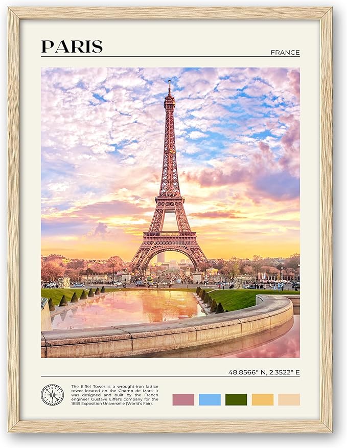 HesenDot Natural OAK Wood Framed Paris City Wall Art,12x16in Iconic Scenery Canvas Wall Print Posters,Classic Urban Landmark Wall Decor for Living Room,Bedroom,Office Gallery Set of 1-Ruum Studio Home