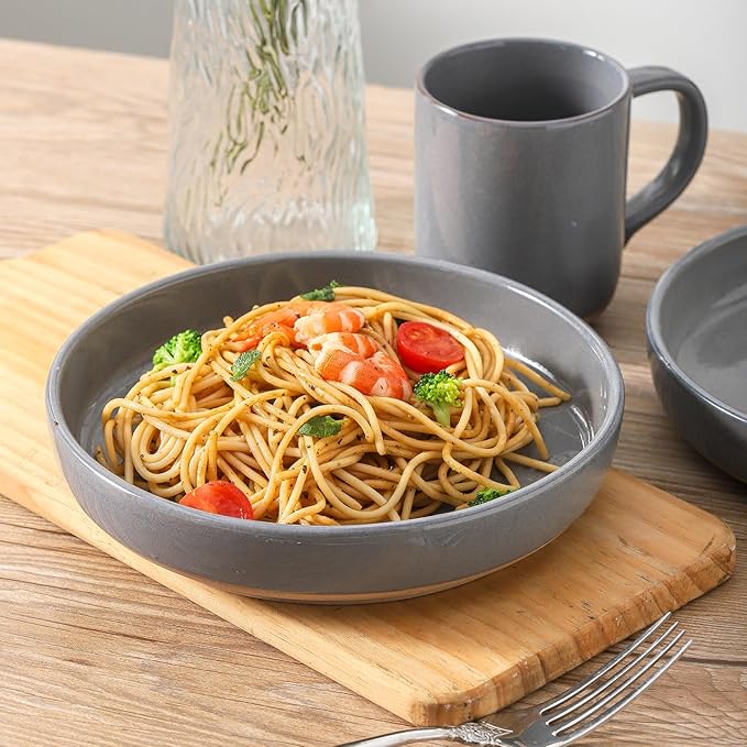 Pasta Bowls 26 OZ,Ceramic Salad Serving Bowls Set of 4,Large 8.2 inch Shallow Bowls Plates for Soup,Fruit,Noodle,Dinner,Dishwasher & Microwave Safe,Gray-Ruum Studio Home