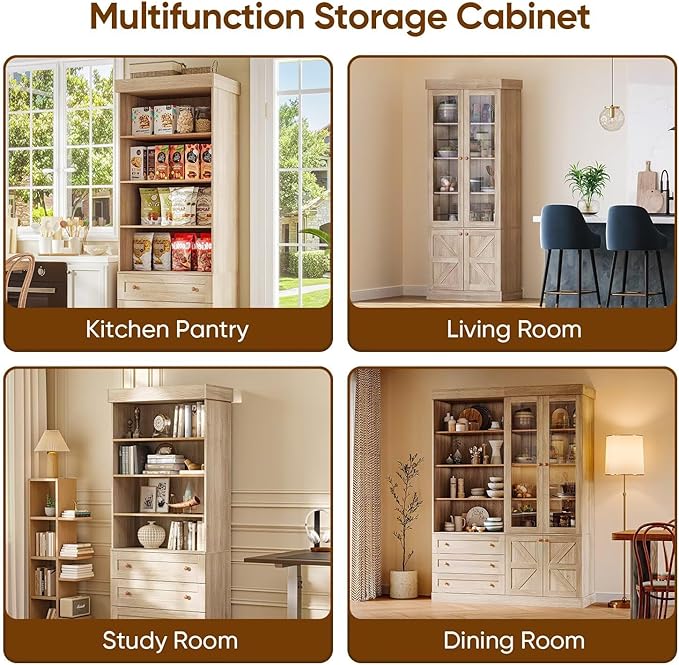Vyre 71" Tall Farmhouse Bookshelves with Glass Doors, Set of 2 – Large Modular Bookcase with Adjustable Shelves, Storage Cabinet for Living Room, Kitchen, Home Office, Brown-Ruum Studio Home