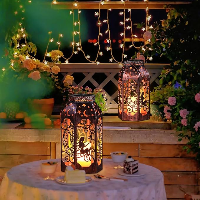 Solar Lanterns Outdoor Garden Hanging Lantern Waterproof LED Metal Bronze Moon Fairy Lantern Waterproof Flickering Flameless Candle Mission Lights for Table,Patio,Mother's Day Gift(2Pack)-Ruum Studio Home
