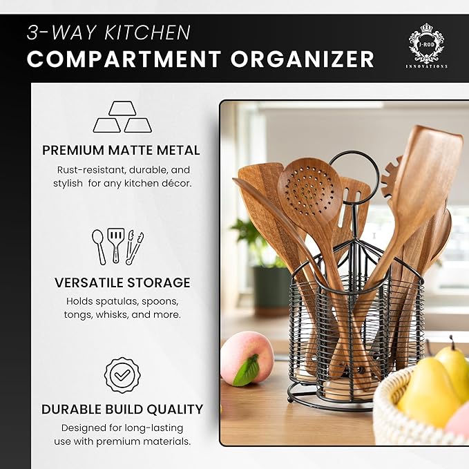 360° Rotating Kitchen Utensil Holder- 3 Compartment Organizer with Cork Bottoms | Includes Premium 9-Piece Acacia Wood Utensil Set | Professional & Home Luxury Design | Metal Utensil Crock (Black)-Ruum Studio Home