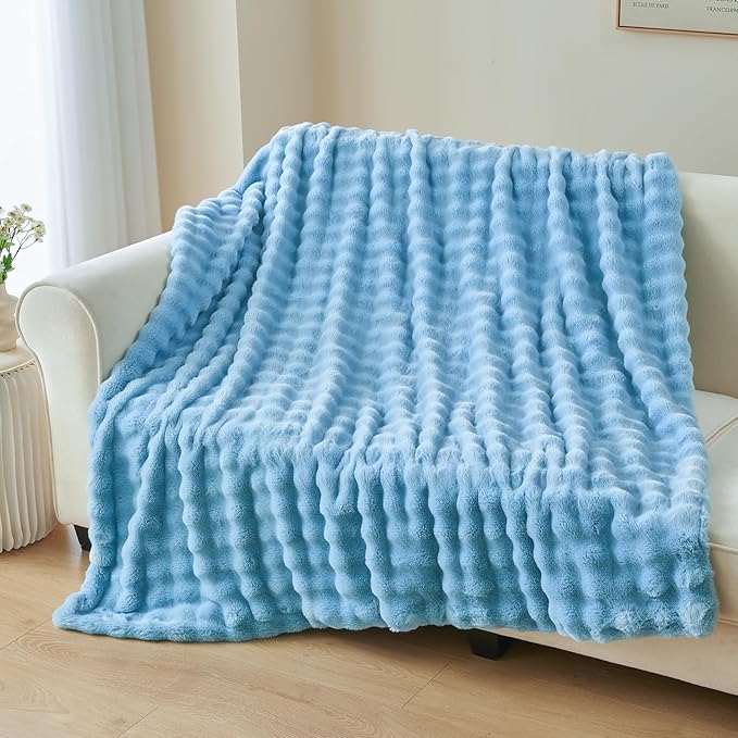 NEWCOSPLAY Faux Fur Throw Blanket Blue Bubble Blanket Thick Warm Soft for Couch Sofa Bed 550GSM (Blue, Throw(50"x60"))-Ruum Studio Home