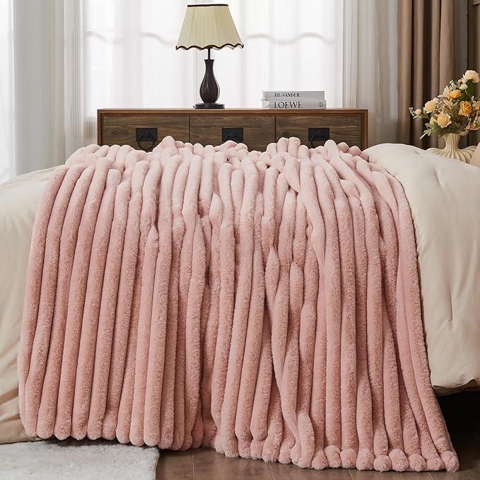NEWCOSPLAY Faux Fur Throw Blanket Pink 3D Ribbed Plush Thick Warm Blanket for Couch Sofa Bed 850GSM (Pink Ribbed, Throw(50"x60"))-Ruum Studio Home