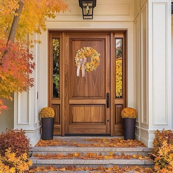 Fall Wreath for Front Door 24 Inch, Autumn Colored Faux Leaves Wreath with Bow, Simple & Minimalist Fall Decoration for Home Farmhouse Door Wall Window Indoor/Outdoor-Ruum Studio Home