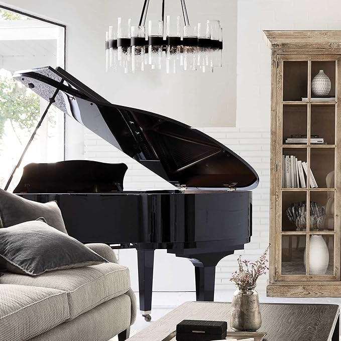Round Black Glass Wagon Wheel Chandelier, Chandelier with Water Ripple Textured Recycled Clear Glass Piece, Modern Industrial Pendant Light with Metal Frame, Lighting Fixture for Living Room, Foyer-Ruum Studio Home
