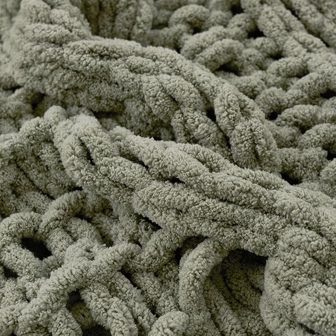 Esterra Chunky Knit Blanket Throw 50"x60", 100% Hand Knitted Chenille Throw Blanket, Cozy Soft Thick Cable Knit Throw Large Rope Knot Crochet Throw Blanket for Sofa Couch Bed, Sage Green-Ruum Studio Home
