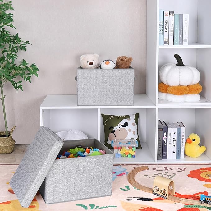 WUIKE 3 Pack Extra Large Foldable Storage Bins with Lids, Fabric Storage Bins for Home and Closet Organization, Herringbone Gray-Ruum Studio Home